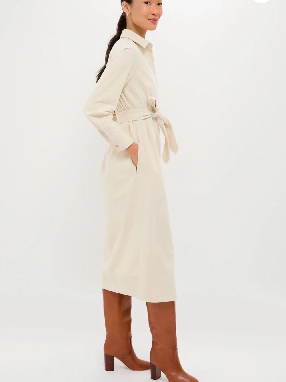Tuckernuck Cream Corduroy Long-Sleeve Belted Midi Dress